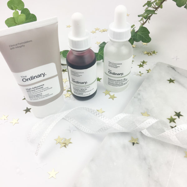 The Ordinary high-adherence silicone primer, hyaluronic acid 2% + b5, aha 30% + bha 2% peeling solution
