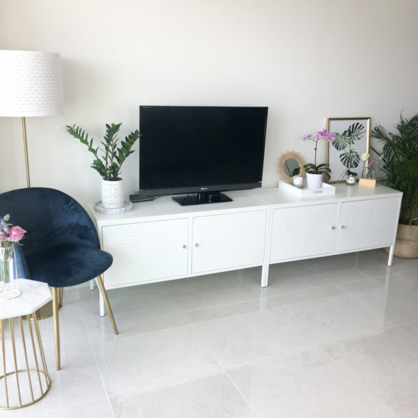 IKEA PS Cabinet, Sostrene Grene Velvet Chair, Marble Side Table, Plants, Living Room Decor, TV Unit, Rattan Mirror, Ikea Nymo Lamp Shade, Maisons DuMonde,West Elm Acrylic Tray