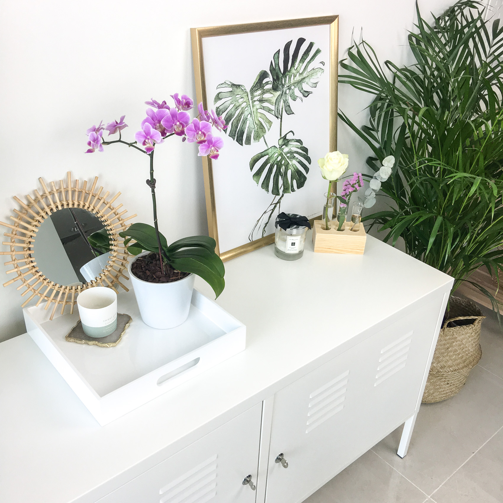 IKEA PS Cabinet, Table, Plants, Living Room Decor, TV Unit, Rattan Mirror, Ikea Nymo Lamp Shade, Maisons DuMonde,West Elm Acrylic Tray, Orchid, Living Room Decore, Interior, Jo Malone, Candle