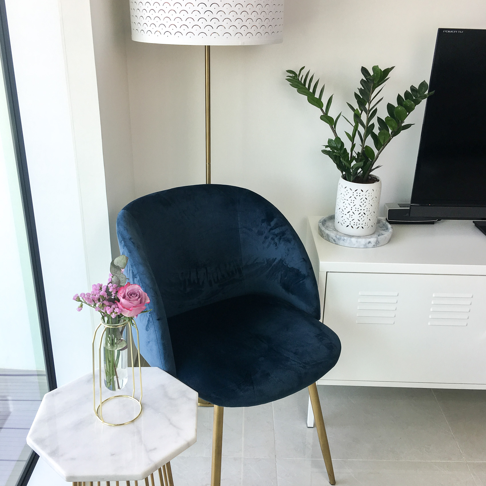 IKEA PS Cabinet, Sostrene Grene Velvet Chair, Marble Side Table, Plants, Living Room Decor, TV Unit, Rattan Mirror, Ikea Nymo Lamp Shade,