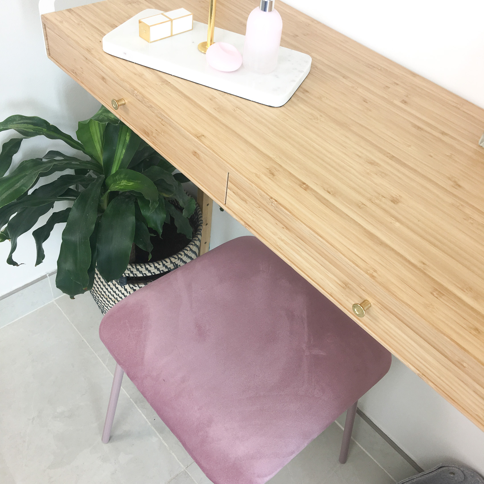 Ikea Pudda Basket--Ikea SVALNAS-Wall-mounted workspace combination bamboo--Zara Home FREE STANDING MIRROR WITH MARBLE BASE--Sostrene grene pink velvet stool
