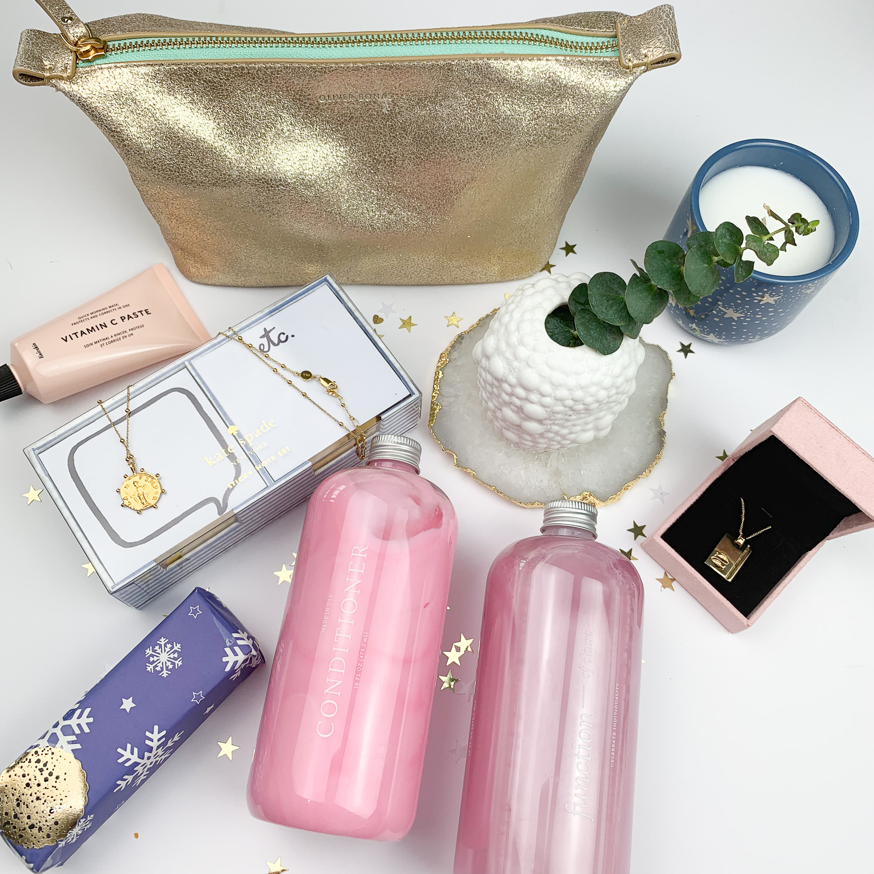 Function of beauty shampoo and conditioner, oliver bonsas cosmetic bag, oilver bonas candle, vitamin c paste, missoma necklace, Reliquia necklace